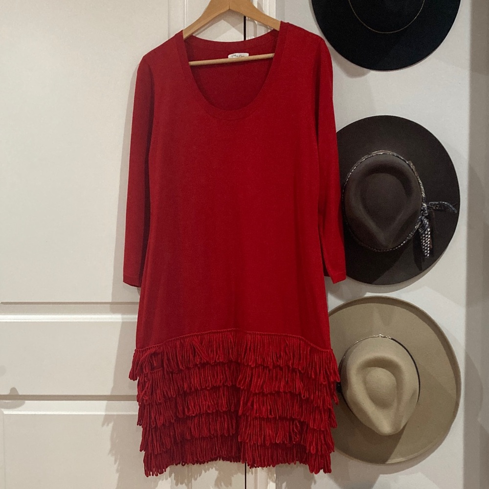Calvin Klein Red Knit Sweater Fringe Dress Size M